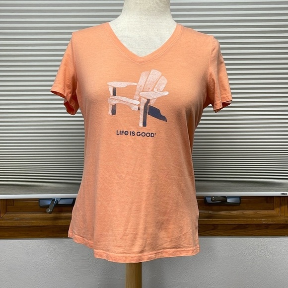 Life Is Good Peach Adirondack Chair Classic Fit V-Neck T-Shirt Size Small - Picture 1 of 8